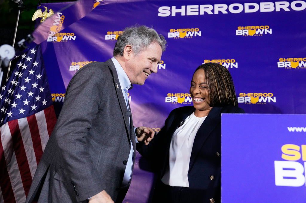 Democratic Ohio Senate candidate Sherrod Brown, a former three-term U.S. senator, left, shares a laugh with Rep. Shontel Brown, D-Ohio, at a primary election night campaign event after Brown won the party's primary for Senate in Cleveland, Tuesday, May 5, 2026. (AP Photo/Sue Ogrocki)