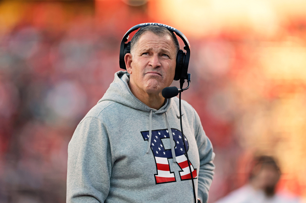 FILE - Rutgers head coach Greg Schiano looks on during the first half of an NCAA college football game against Maryland, Nov. 8, 2025, in Piscataway, N.J. (AP Photo/Adam Hunger, File)