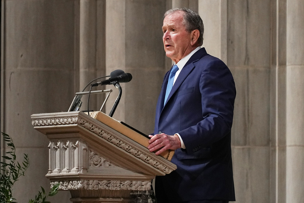 Former President George W. Bush, speaks a tribute during the funeral service for former Vice President Dick Cheney at the Washington National Cathedral, Thursday, Nov. 20, 2025 in Washington. (AP Photo/Matt Rourke)