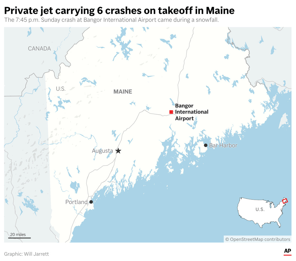 A map showing Bangor International Airport, where a private jet crashed on Sunday. (AP Digital Embed)