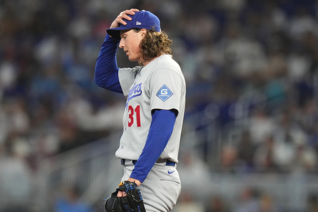 Los Angeles Dodgers starting pitcher Tyler Glasnow (31) stands on the mound with the bases loaded during the first inning of a baseball game against the Miami Marlins, Saturday, Sept. 12, 2026, in Miami. (AP Photo/Lynne Sladky)