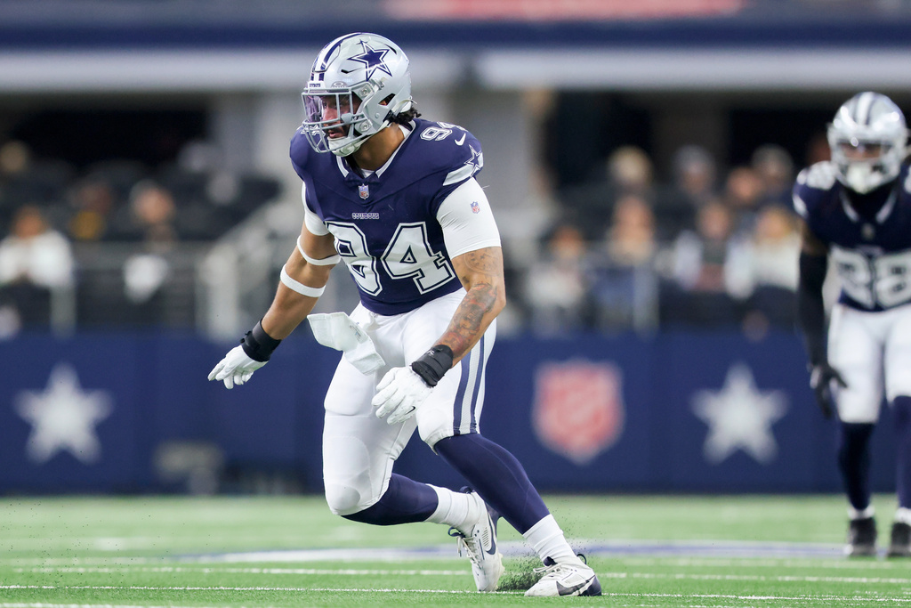 FILE - Dallas Cowboys defensive end Marshawn Kneeland (94) rushes during a NFL football game against the Washington Commanders, Sunday, Jan. 5, 2025, in Arlington, Texas. (AP Photo/Gareth Patterson, File)