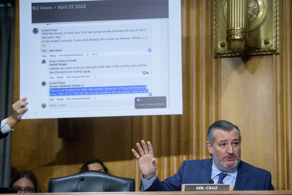 FILE - Sen. Ted Cruz, R-Texas, questions Amer Ghalib during a Senate Committee on Foreign Relations hearing on his pending nomination to be U.S. Ambassador to Kuwait on Capitol Hill, Oct. 23, 2025, in Washington. (AP Photo/Rod Lamkey, Jr., File)
