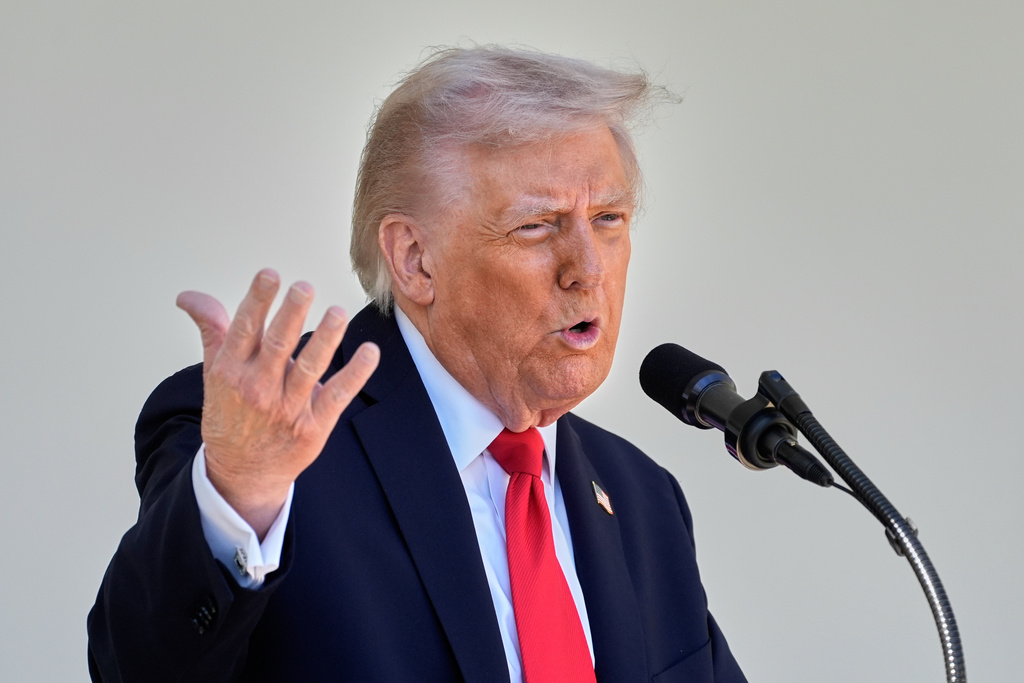 President Donald Trump speaks as he hosts a lunch with Republican Senators on the Rose Garden patio at the White House, Tuesday, Oct. 21, 2025, in Washington. (AP Photo/Manuel Balce Ceneta)