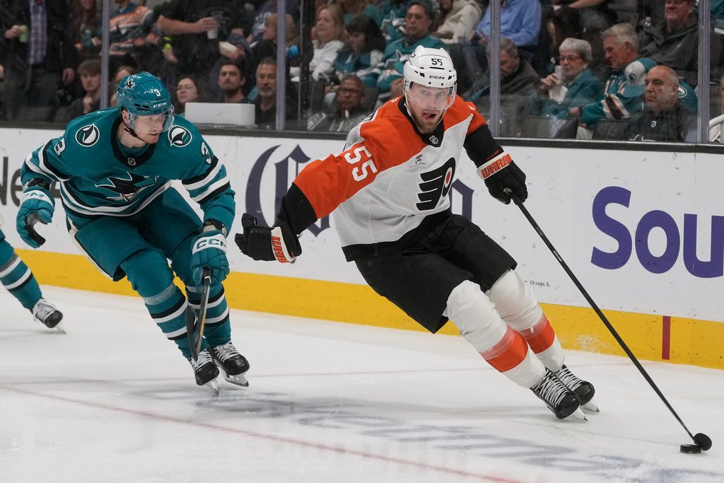 Philadelphia Flyers defenseman Rasmus Ristolainen (55) skates with the puck against San Jose Sharks defenseman John Klingberg (3) during the second period of an NHL hockey game in San Jose, Calif., Saturday, March 21, 2026. (AP Photo/Jeff Chiu)