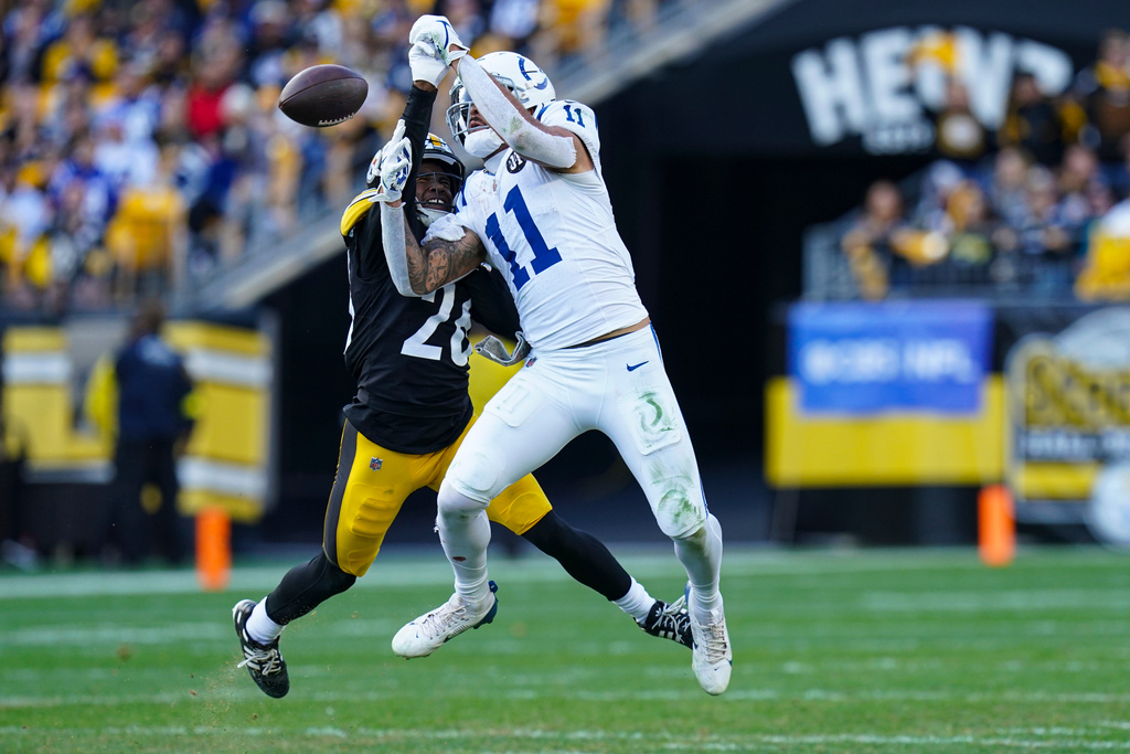 Pittsburgh Steelers cornerback Brandin Echols (26) breaks up a pass to Indianapolis Colts wide receiver Michael Pittman Jr. (11) during the second half of an NFL football game in Pittsburgh, Sunday, Nov. 2, 2025. (AP Photo/Matt Freed)
