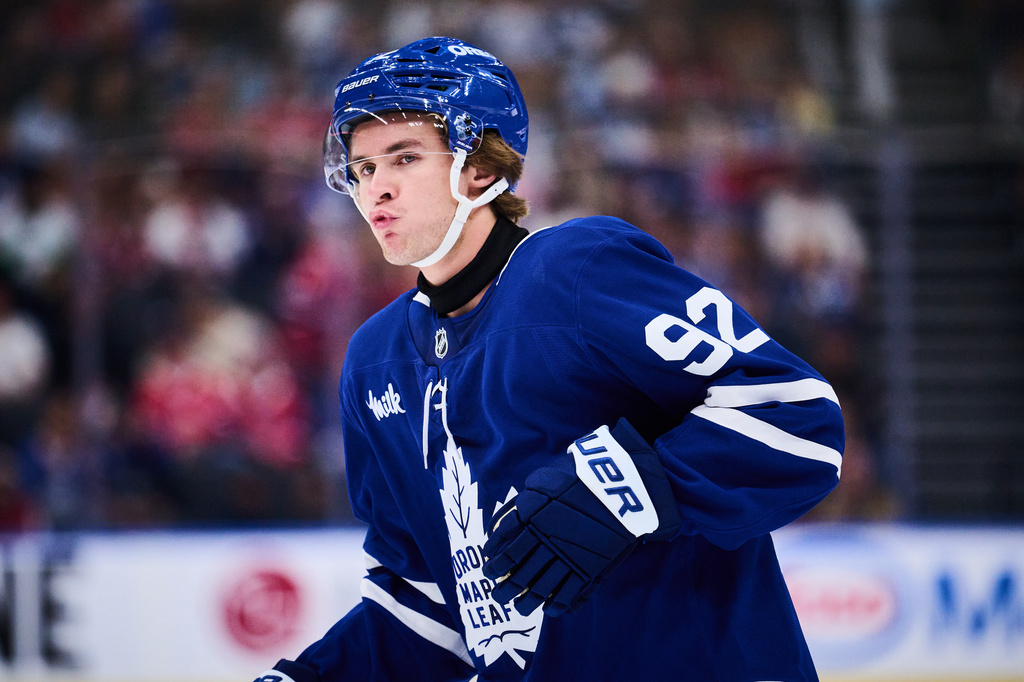 Toronto Maple Leafs' Gavin McKenna (92) looks on during second period NHL pre-season hockey action against the Montreal Canadiens in Toronto, on Saturday, Sept. 19, 2026. (Sammy Kogan/The Canadian Press via AP)