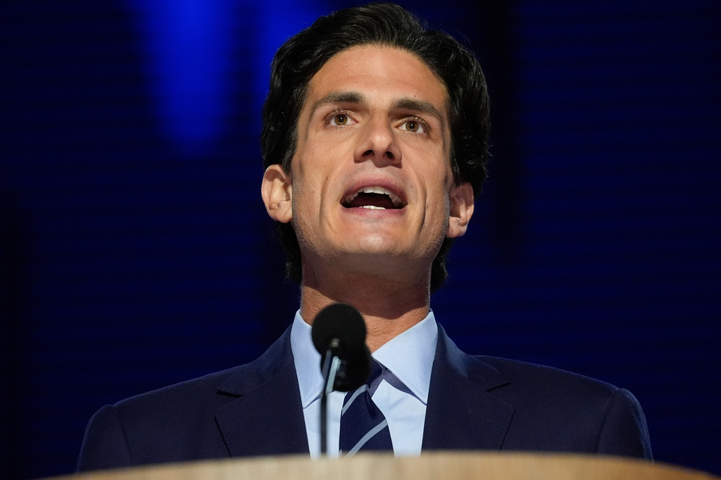 FILE - Jack Schlossberg, grandson of former President John F. Kennedy, speaks during the Democratic National Convention, Aug. 20, 2024, in Chicago. (AP Photo/Paul Sancya, File)