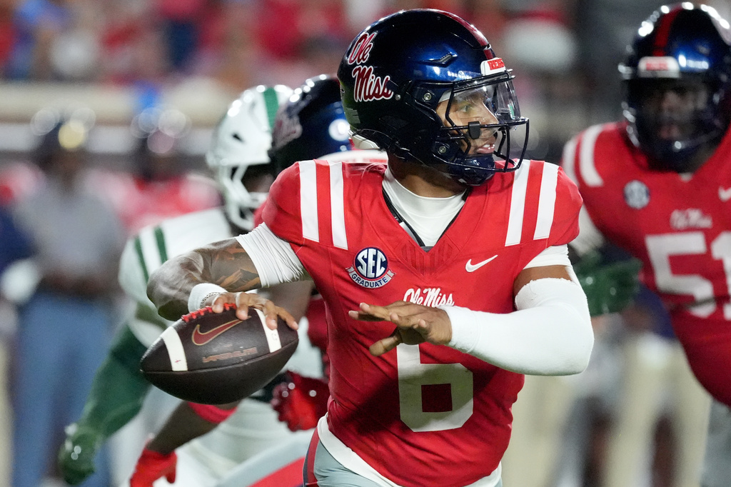 Mississippi quarterback Trinidad Chambliss (6) sets up to pass against Charlotte during the second half of an NCAA college football game in Oxford, Miss., Saturday, Sept. 12, 2026. (AP Photo/Rogelio V. Solis)