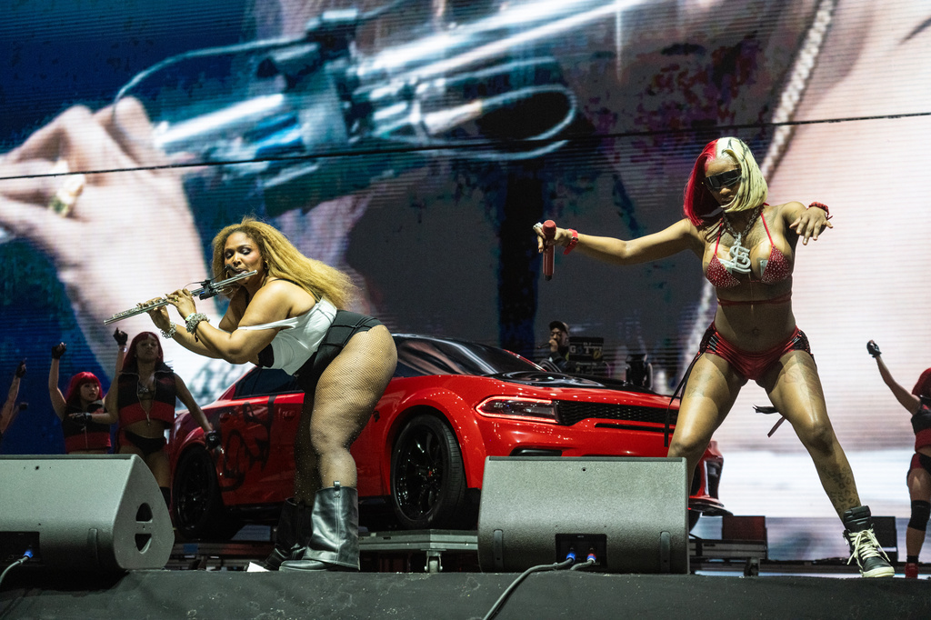 Lizzo, left, and Sexyy Red perform during the first weekend of Coachella Valley Music and Arts Festival on Friday, April 10, 2026, in Indio, Calif. (Photo by Amy Harris/Invision/AP)