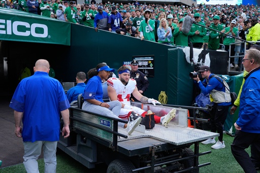 New York Giants running back Cam Skattebo (44) leaves the field after an injury during the first half of an NFL football game against the Philadelphia Eagles on Sunday, Oct. 26, 2025, in Philadelphia. (AP Photo/Chris Szagola) New York Giants running back Cam Skattebo (44) leaves the field after an injury during the first half of an NFL football game against the Philadelphia Eagles on Sunday, Oct. 26, 2025, in Philadelphia. (AP Photo/Chris Szagola)