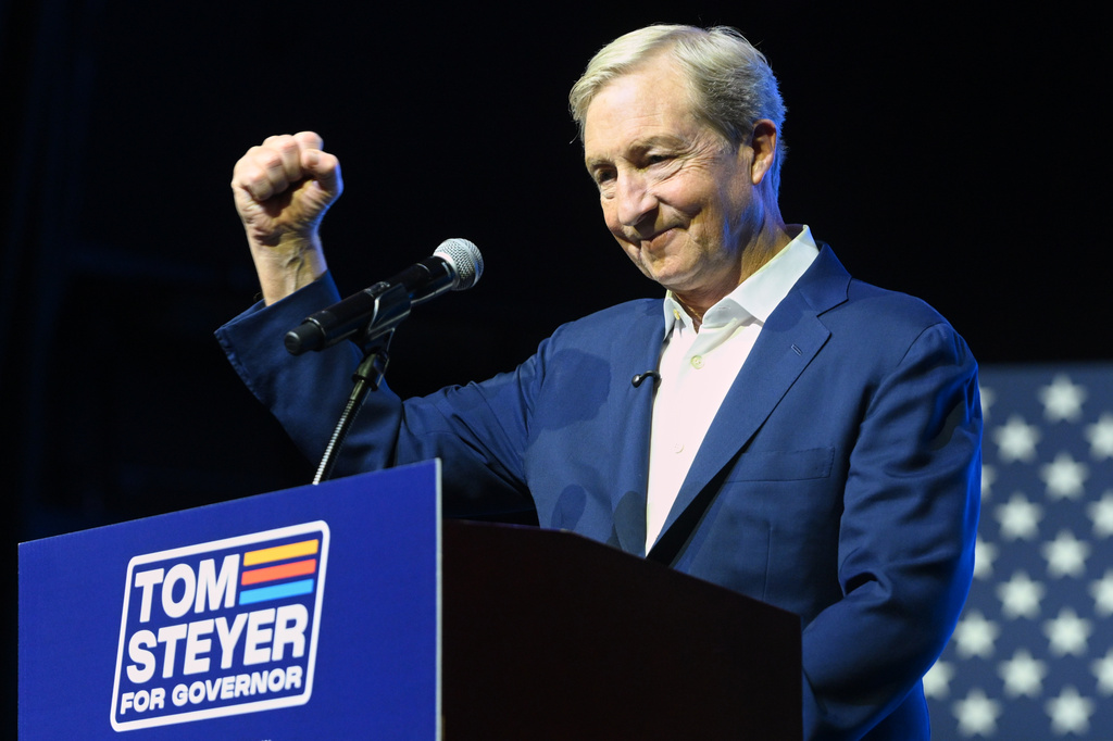 FILE - California gubernatorial candidate Tom Steyer speaks during an election night event on June 2, 2026, in San Francisco. (AP Photo/Noah Berger, File)