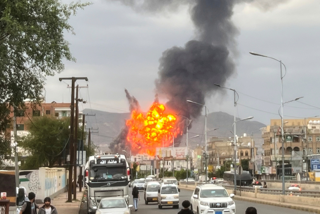 FILE - Flames and smoke rise from an Israeli airstrike in Sanaa, Yemen, on Sept. 10, 2025. (AP Photo, File)