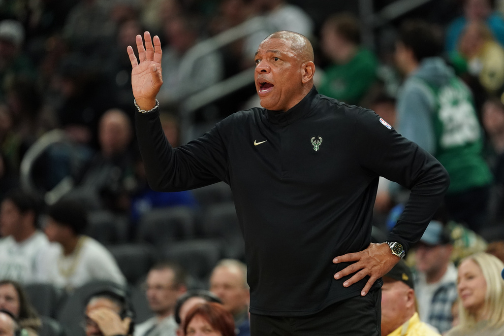 Milwaukee Bucks head coach Doc Rivers gestures during the second half of an NBA basketball game against the Boston Celtics, Friday, April 3, 2026, in Milwaukee. (AP Photo/Aaron Gash)