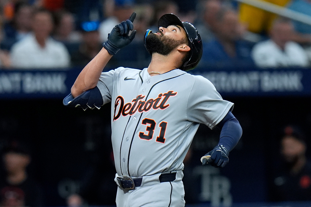 Detroit Tigers' Riley Greene reacts after his home run off Tampa Bay Rays pitcher Griffin Jax during the third inning of a baseball game Monday, June 1, 2026, in St. Petersburg, Fla. (AP Photo/Chris O'Meara)