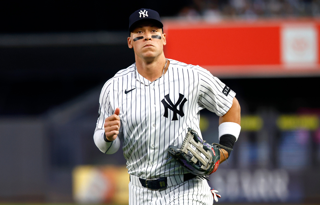 New York Yankees' Aaron Judge walks to the dugout during the first inning of a baseball game against the Colorado Rockies, Tuesday, Sept. 8, 2026, in New York. (AP Photo/Noah K. Murray)