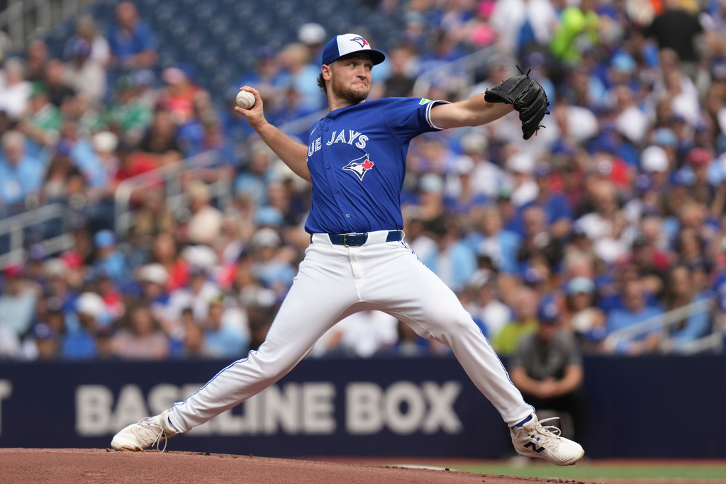 Toronto Blue Jays pitcher Trey Yesavage (39) works against Tampa Bay Rays during the first inning of a baseball game in Toronto, Saturday, Sept. 27, 2025. (Chris Young/The Canadian Press via AP)