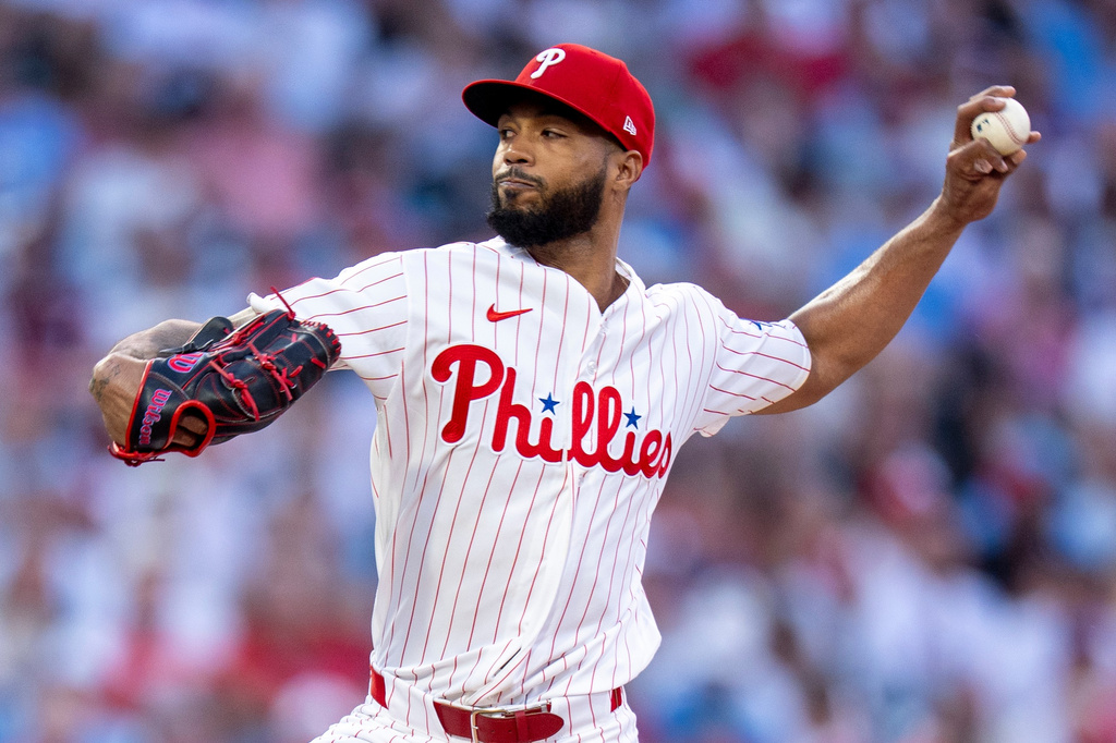 Philadelphia Phillies starting pitcher Cristopher Sanchez delivers during the second inning of a baseball game against the New York Mets, Saturday, June 20, 2026, in Philadelphia. (AP Photo/Chris Szagola)