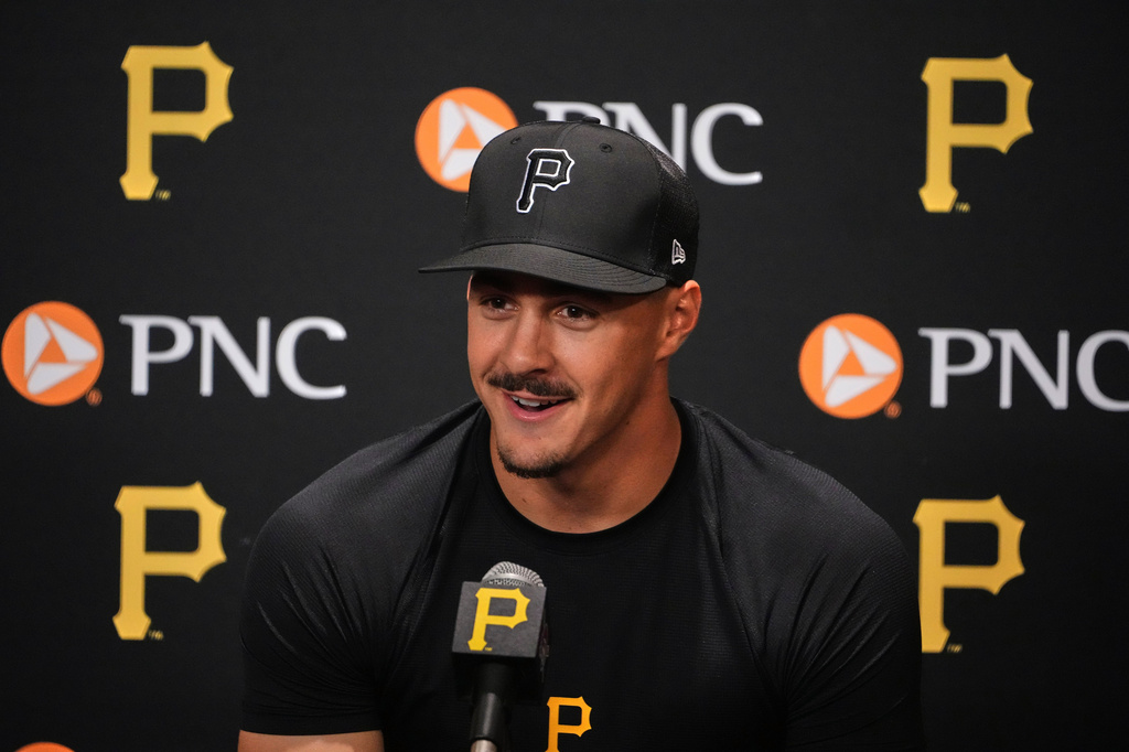 Pittsburgh Pirates' Konnor Griffin meets with reporters before making his Major League Baseball debut in the Pirates' home-opener against the Baltimore Orioles, Friday, April 3, 2026, in Pittsburgh. (AP Photo/Gene J. Puskar)