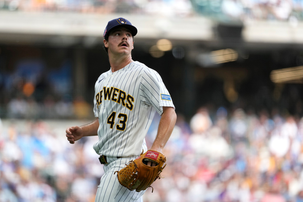Milwaukee Brewers' Logan Henderson looks back during the third inning of a baseball game against the Atlanta Braves, Saturday, Aug. 22, 2026, in Milwaukee. (AP Photo/Aaron Gash)