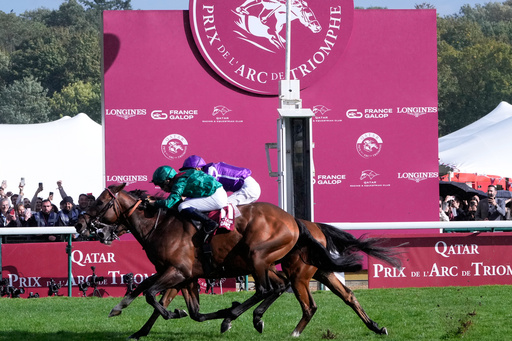 Daryz (11) ridden by Mickael Barzalona crosses the finish line to win the Qatar Arc de Triomphe horse race ahead of Minie Hauk ridden by Christophe Soumillon, behind, Sunday, Oct. 5, 2025 in Paris. (AP Photo/Michel Euler) Daryz (11) ridden by Mickael Barzalona crosses the finish line to win the Qatar Arc de Triomphe horse race ahead of Minie Hauk ridden by Christophe Soumillon, behind, Sunday, Oct. 5, 2025 in Paris. (AP Photo/Michel Euler)
