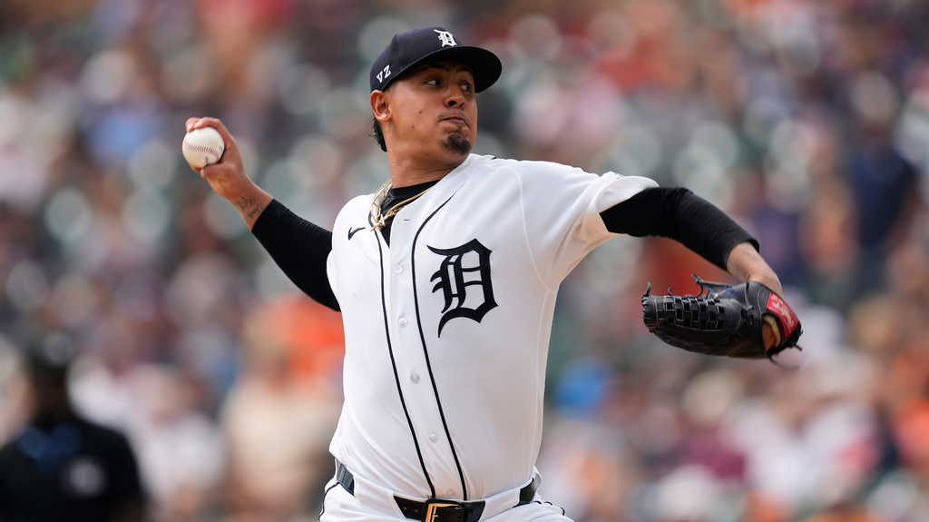 Detroit Tigers pitcher Keider Montero throws against the Cleveland Guardians during the first inning of a baseball game Thursday, Aug. 13, 2026, in Detroit. (AP Photo/Paul Sancya)