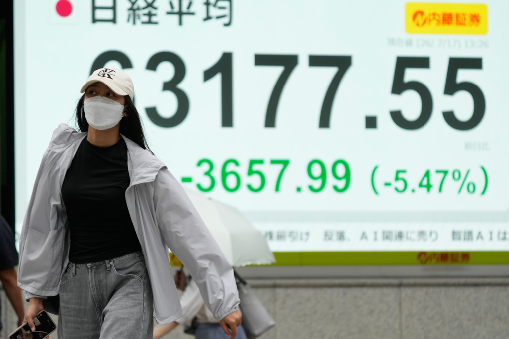 A person walks in front of an electronic stock board showing Japan's Nikkei index at a securities firm Friday, July 17, 2026, in Tokyo. (AP Photo/Eugene Hoshiko)