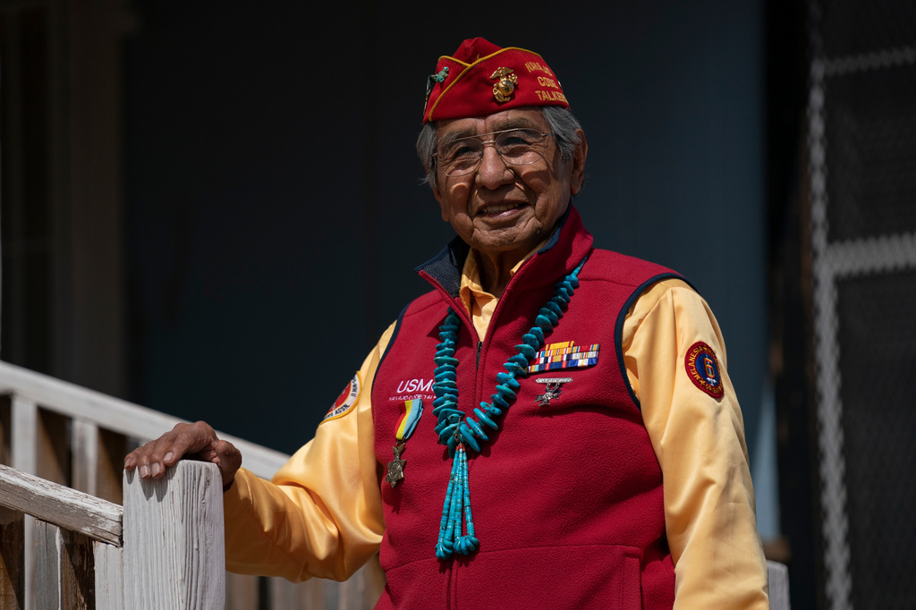 FILE - WWII veteran and Navajo Code Talker Peter MacDonald Sr. is photographed at his home on the Navajo reservation in Tuba City, Ariz., April 28, 2020. (AP Photo/Carolyn Kaster, File)