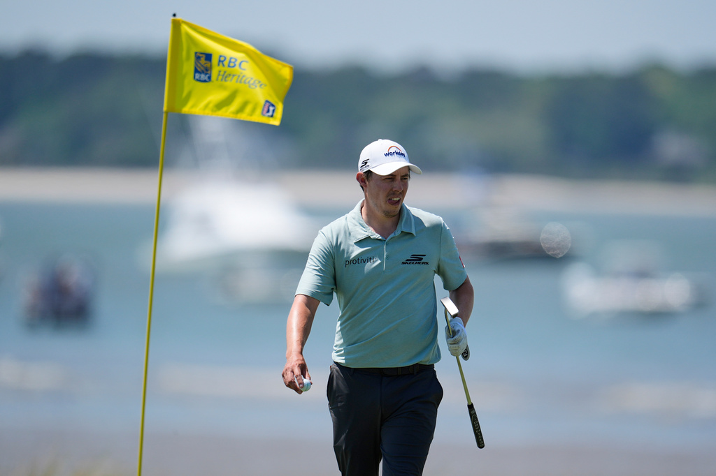 Matt Fitzpatrick, of England, prepares to putt on the 18th hole during the second round at the RBC Heritage golf tournament Friday, April 17, 2026, in Hilton Head, S.C. (AP Photo/Mike Stewart)