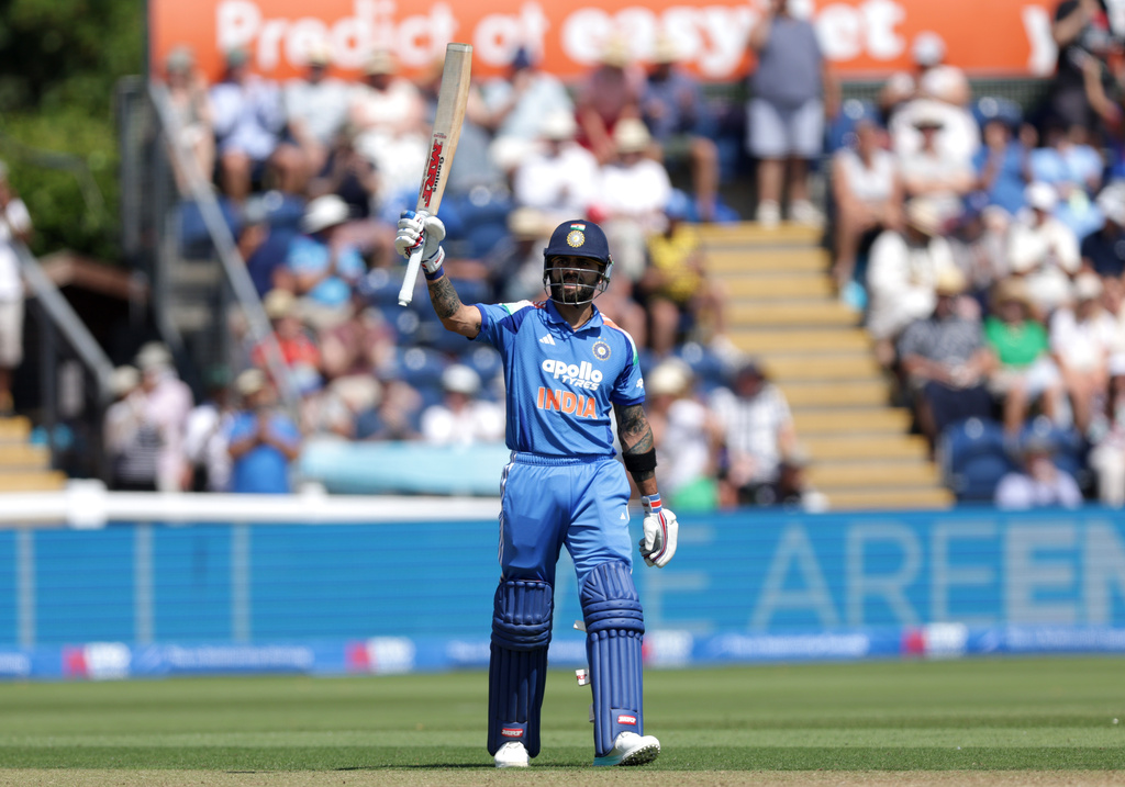 India's Virat Kohli celebrates making fifty runs during the second ODI between England and India at Sophia Gardens, Cardiff, Wales, Thursday July 16, 2026. (Steven Paston/PA via AP)