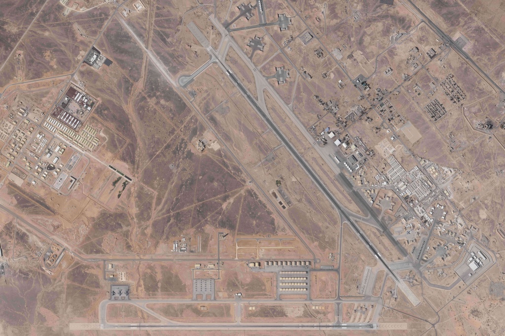This satellite image from Planet Labs PBC shows Muwaffaq Salti Air Base in Jordan on Saturday, Feb. 21, 2026. (Planet Labs PBC via AP)