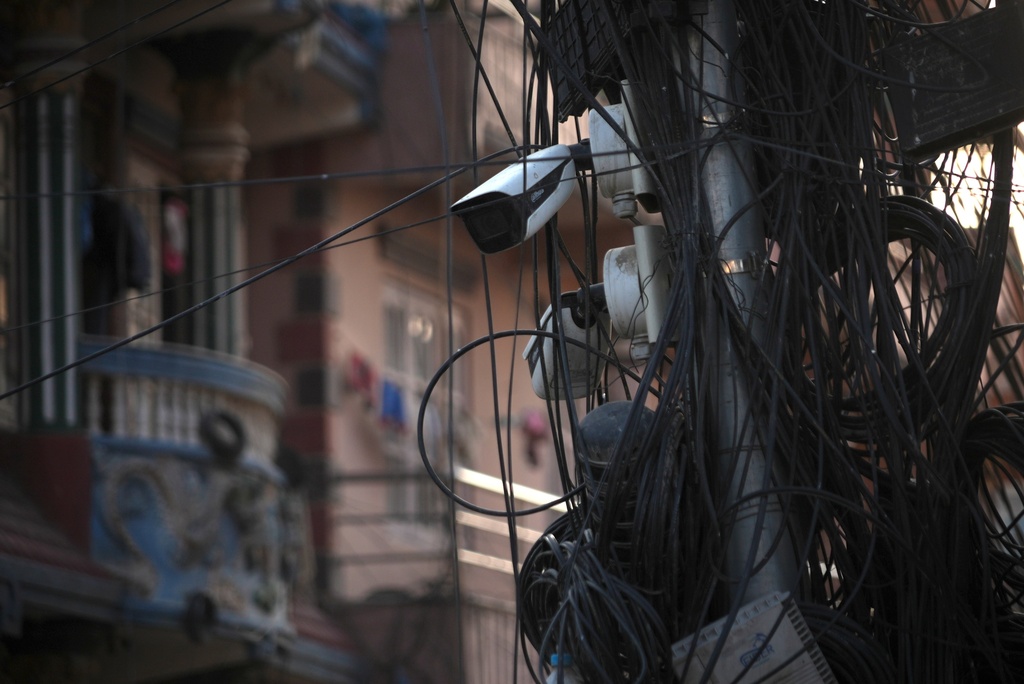 Dahua surveillance cameras monitor the streets of Kathmandu, Nepal, April 22, 2025. (AP Photo/Dake Kang)