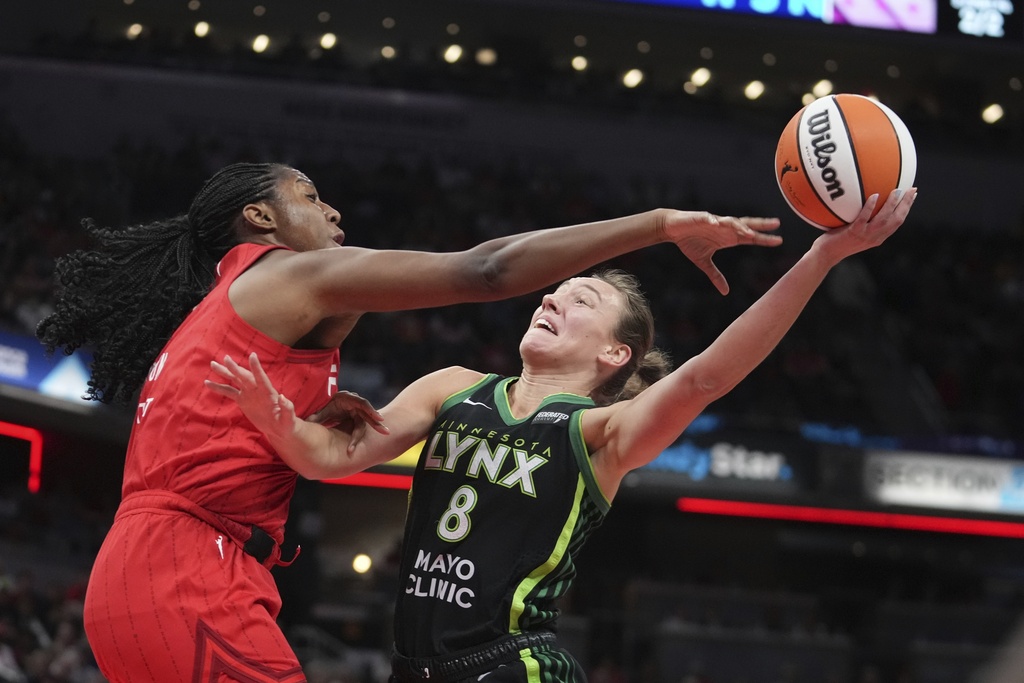 Minnesota Lynx's Alanna Smith (8) shoots against Indiana Fever's Aliyah Boston during the first half of a WNBA basketball game, Friday, Aug. 22, 2025, in Indianapolis. (AP Photo/Darron Cummings)
