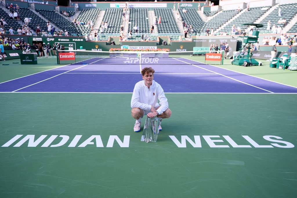 Jannik Sinner, of Italy, celebrates after defeating Daniil Medvedev, of Russia, during a final match at the BNP Paribas Open tennis tournament, Sunday, March 15, 2026, in Indian Wells, Calif. (AP Photo/Mark J. Terrill)