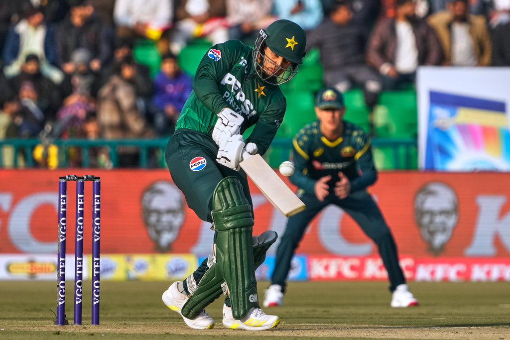 Pakistan's Saim Ayub plays a shot during the first T20 cricket match between Pakistan and Australia, in Lahore, Pakistan, Thursday, Jan. 29, 2026. (AP Photo/K.M. Chaudary)