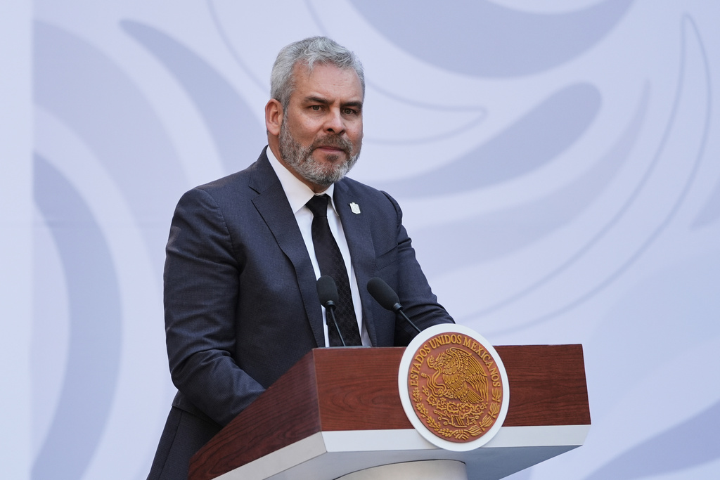 Michoacan State Governor Alfredo Ramirez Bedolla speaks during the presentation of the new security strategy against violence for the state of Michoacan, at the National Palace in Mexico City, Sunday, Nov. 9, 2025. (AP Photo/Claudia Rosel)