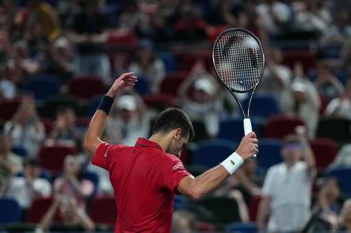 Novak Djokovic of Serbia cheers after scoring a break point against Zizou Bergs of Belgium during the men's singles quarterfinal match of the Shanghai Masters tennis tournament at Qizhong Forest Sports City Tennis Center, in Shanghai, China, Thursday, Oct. 9, 2025. (AP Photo/Andy Wong) Novak Djokovic of Serbia cheers after scoring a break point against Zizou Bergs of Belgium during the men's singles quarterfinal match of the Shanghai Masters tennis tournament at Qizhong Forest Sports City Tennis Center, in Shanghai, China, Thursday, Oct. 9, 2025. (AP Photo/Andy Wong)