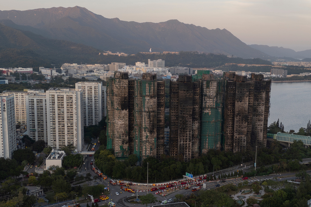 An aerial view of the burnt buildings after a deadly fire that started Wednesday at Wang Fuk Court, a residential estate in the Tai Po district of Hong Kong's New Territories, Friday, Nov. 28 2025. (AP Photo/Ng Han Guan)