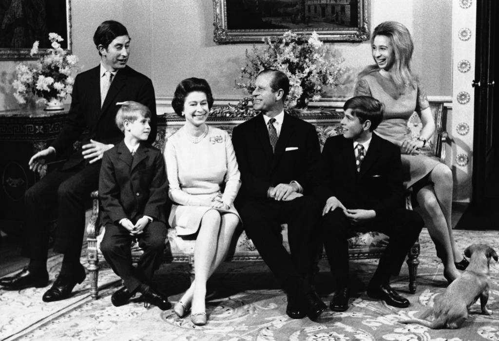 FILE - In this Nov. 20, 1972 file photo, Britain's Queen Elizabeth II and Prince Philip are surround by their family in Buckingham Palace, in London, on the occasion of the royal couples silver wedding. From left in the picture are shown: Prince Charles, Prince Edward, the youngest child (aged 8), the Queen, Prince Philip, Prince Andrew (aged 12) and Princess Anne, (22). (AP Photo, File)