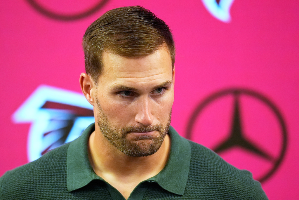 Atlanta Falcons quarterback Kirk Cousins talks to reporters after an NFL football game, Sunday, Nov. 16, 2025, in Atlanta. (AP Photo/Mike Stewart)