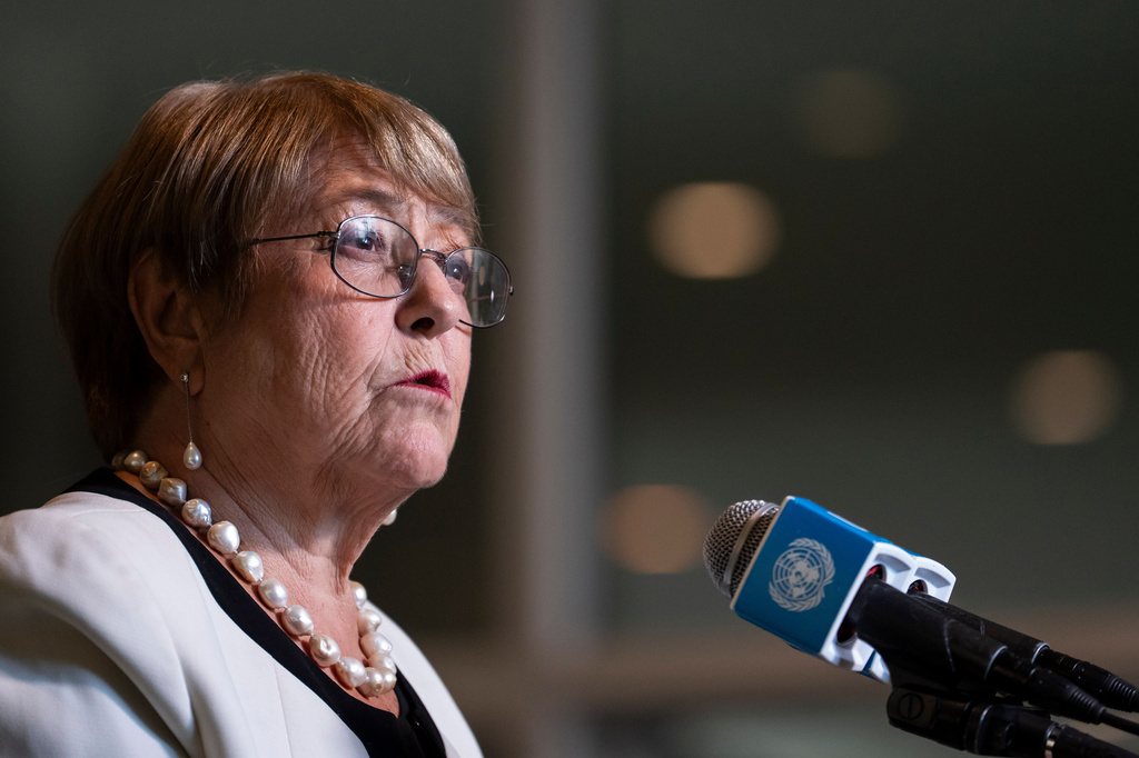 Michelle Bachelet, former Chilean president and a candidate for United Nations secretary-general, speaks during a news conference at U.N. headquarters, Tuesday, April 21, 2026. (AP Photo/Yuki Iwamura)