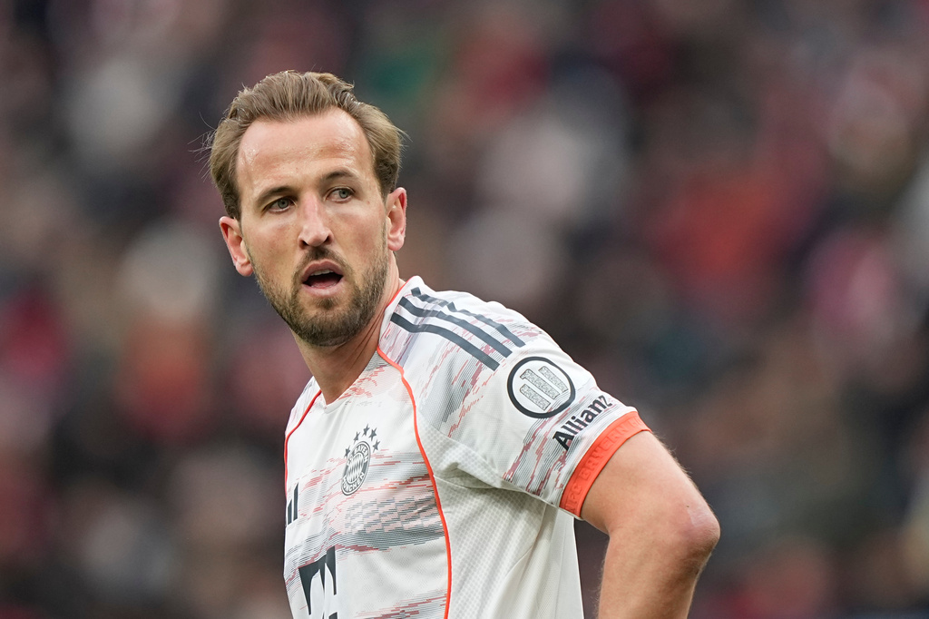 Bayern's Harry Kane during a German Bundesliga soccer match between Bayer Leverkusen and Bayern Munich in Leverkusen, Germany, Saturday, March 14, 2026. (AP Photo/Martin Meissner)