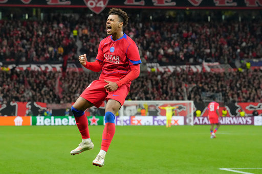 PSG's Desire Doue celebrates after scoring his side's second goal during a Champions League opening phase soccer match between Bayer Leverkusen and Paris Saint-Germain in Leverkusen, Germany, Tuesday, Oct. 21, 2025. (AP Photo/Martin Meissner) PSG's Desire Doue celebrates after scoring his side's second goal during a Champions League opening phase soccer match between Bayer Leverkusen and Paris Saint-Germain in Leverkusen, Germany, Tuesday, Oct. 21, 2025. (AP Photo/Martin Meissner)