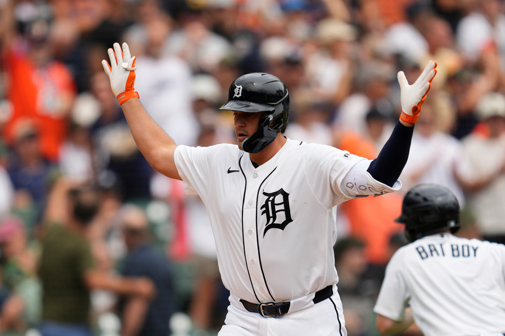 Detroit Tigers' Eduardo Valencia reacts to his home run against the Cleveland Guardians during the sixth inning of a baseball game Thursday, Aug. 13, 2026, in Detroit. (AP Photo/Paul Sancya)