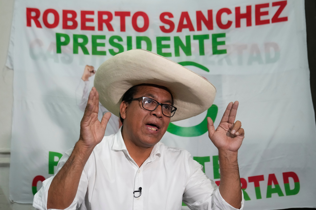 Roberto Sanchez, presidential candidate of Together for Peru party, speaks during an interview with The Associated Press in Lima, Peru, Wednesday, April 15, 2026. (AP Photo/Martin Mejia)