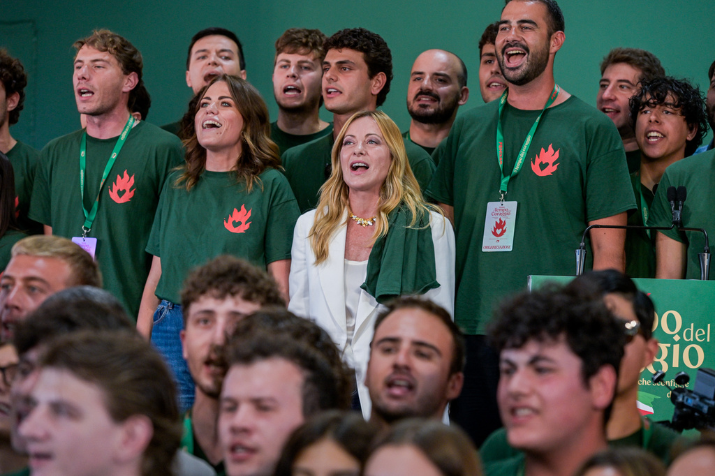 Italy's Prime Minister Giorgia Meloni attends at Fenix, the FdI youth festival, in Rome, Sunday, Sept. 20, 2026. (Valentina Stefanelli/LaPresse via AP)