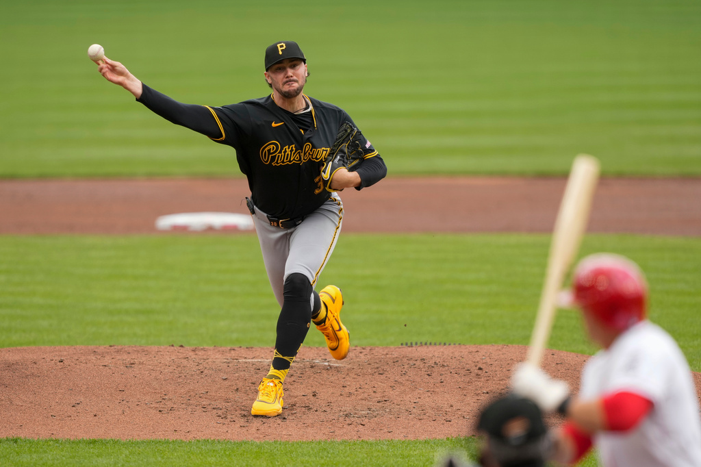Pittsburgh Pirates pitcher Paul Skenes throws during the first inning of a baseball game against the Cincinnati Reds in Cincinnati, Wednesday, April 1, 2026. (AP Photo/Carolyn Kaster)