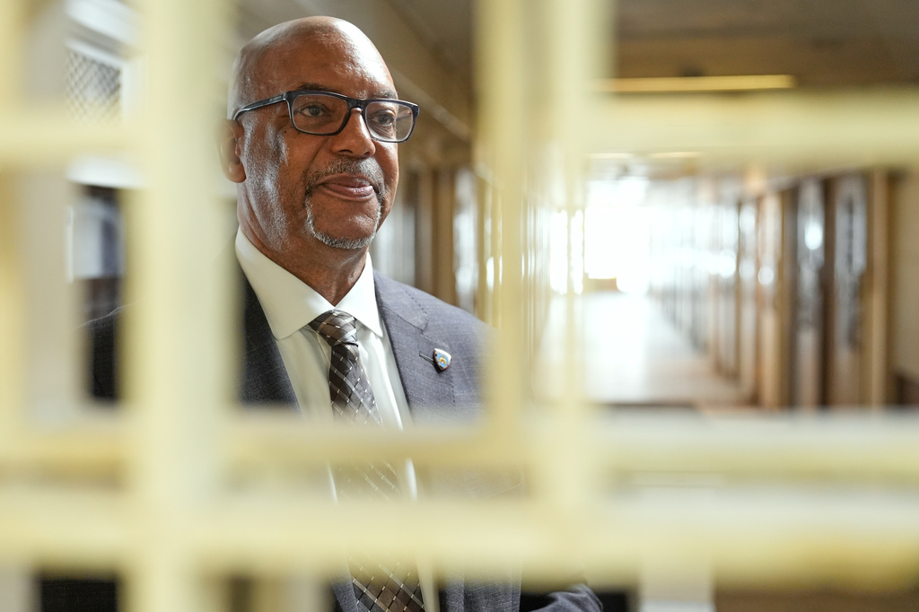 Stanley Richards, NYC Department of Correction commissioner talks to a reporters in the housing unit where he was previously incarcerated on Rikers Island in New York, Tuesday, April 14, 2026. (AP Photo/Seth Wenig)