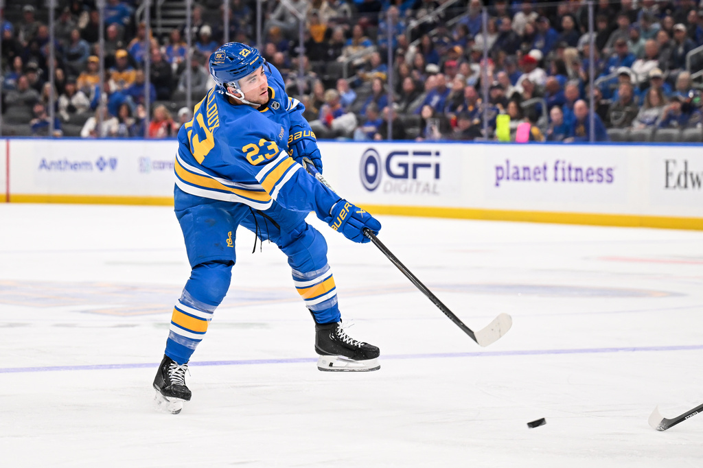 St. Louis Blues' Logan Mailloux (23) shoots against the Toronto Maple Leafs during the second period of an NHL hockey game Saturday, March 28, 2026, in St. Louis. (AP Photo/Connor Hamilton)
