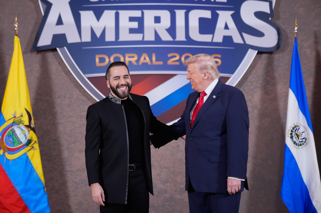 FILE - President of El Salvador Nayib Bukele greets President Donald Trump at the Shield of the Americas Summit at Trump National Doral Miami in Doral, Fla., March 7, 2026, (AP Photo/Mark Schiefelbein, File)